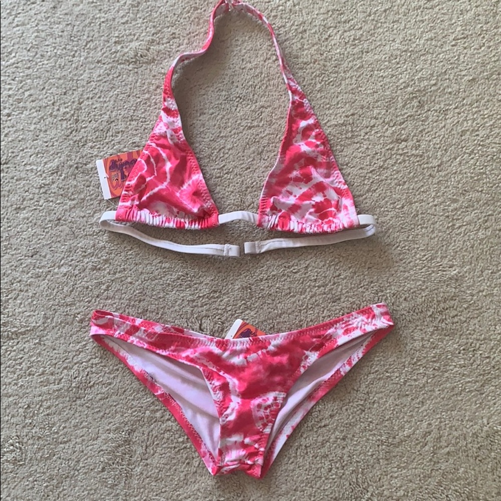 Vivid Pink Tie-Dye Halter Scrunch Bikini XS NWT